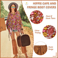 1 x Brand New 60s 70s Hippie Costume Set, 7 Piece, Hippie Clothing for Women, with Poncho, Leg Sleeves, Headband, Sunglasses, Peace Sign, Necklace, Earrings, for - RRP €24.49