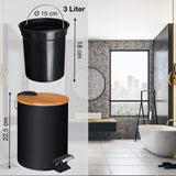 1 x RAW Customer Returns VMbathrooms 3L cosmetic bin in elegant black design Pedal bin with soft close Elegant bucket for the bathroom with inner container and bamboo wooden lid - RRP €23.97