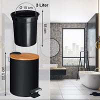 1 x RAW Customer Returns VMbathrooms 3L cosmetic bin in an elegant black design Pedal bin with soft close mechanism Elegant bucket for the bathroom with inner container and bamboo wooden lid - RRP €24.17