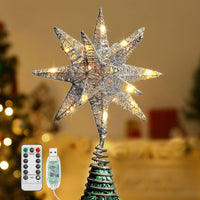 1 x RAW Customer Returns Lewondr 28cm 3D Star Shaped Christmas Tree Topper, Spiral Base Decorated with Glittery Threads and Light Beads, with Automatic Timer, Two AA Battery Power, Silver - RRP €35.98