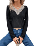 1 x Brand New GORGLITTER Women s Elegant T-Shirt Lace Long Sleeve Office Top Patchwork T-Shirts Lace Shirt Black XS - RRP €16.44