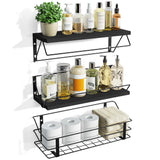 1 x RAW Customer Returns Love-KANKEI wall shelf wood metal, floating shelf with wire basket, 3 pieces shelf board kitchen shelf, hanging shelf wall decoration for bathroom kitchen children s room bedroom living room office, black - RRP €25.99