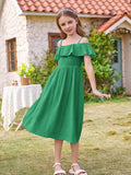 1 x Brand New Girls Dress 122 Festive Summer School Party Casual A-Line Spaghetti Straps Long Dresses 128 Green - RRP €27.6