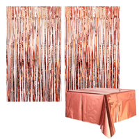 1 x Brand New Yisscen Fringe Curtains, Metallic Curtain, Foil Curtain, 2 Pieces Tinsel Curtains 1 Piece Foil Tablecloth, for Birthday Wedding Christmas Graduation Party Rose Gold  - RRP €12.99