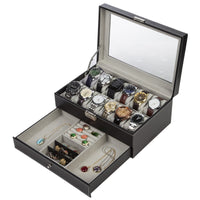 1 x RAW Customer Returns Readaeer Two Layers Watch Box for 12 Watches Storage Case with Glass Lid Made of PU Leather - RRP €32.99