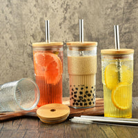 1 x RAW Customer Returns ALINK 2 pieces 600 ML transparent striped glass water cups with lids, ribbed drinking glasses, water glasses, long drink glasses, iced coffee cups, bubble tea cups - RRP €19.15