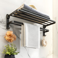 1 x RAW Customer Returns yozhch Towel holder black matt without drilling, bathroom self-adhesive bath towel holder, 90 foldable towel rail with shelf, wall-mounted double towel holder for bathroom, aluminum 38 cm  - RRP €29.99