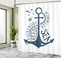 1 x RAW Customer Returns ABAKUHAUS Anchor Shower Curtain, Sea Words Monochrome, Textile Bathroom Decoration Set with Hooks, 70 x 71 , Dark Blue and White - RRP €32.99