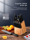 1 x RAW Customer Returns Knife set, D.Perlla 15-piece knife block set with wooden block, black kitchen knife set with wooden block, knife block set with non-stick coating, German stainless steel kitchen knife set with chef s knife - RRP €41.78