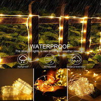 1 x RAW Customer Returns JIMACRO Outdoor Solar LED Light Tube, IP65 Waterproof Solar Fairy Lights Outdoor 12m 100LEDs Solar Decorative Lights with 8 Lighting Modes for Garden Tree Party Christmas Decoration - RRP €16.13