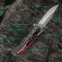 1 x RAW Customer Returns GVDV folding knife with sharpener and nylon bag, pocket knife with silver coated, titanium coated outdoor knife with wooden handle, survival knife with safety lock for hunting, fishing - RRP €19.91