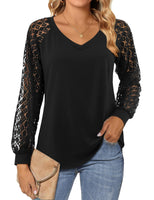 1 x RAW Customer Returns Florboom Women s Long Sleeve V-Neck Elegant Lace T-Shirt, A- Black., L - RRP €27.98