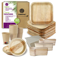 1 x RAW Customer Returns GoBeTree Disposable tableware made from palm leaves 180-piece tableware set for 25 guests, biodegradable plates made from palm leaves, with 30 plates, 25 forks, 25 knives, 25 spoons, 25 cups and 50 napkins - RRP €34.95