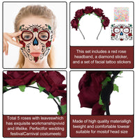 1 x Brand New SPHERETRON Day of the Dead Headband, Halloween Headband Women, Halloween Rose Headband Accessory with Roses 1 Face Tattoos, 1 Diamond Sticker, Halloween Headband Set for Halloween Cosplay etc. - RRP €6.08