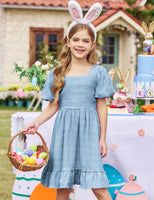 1 x RAW Customer Returns Arshiner Dresses Girls Puff Sleeve Princess Summer Dress Backless Children s Dress Solid Communion Festive Party Dress Blue 12 - RRP €31.03