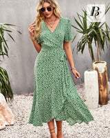 1 x RAW Customer Returns BebreezChic Summer Dress Women Long Boho Floral Short Sleeve V-Neck Elegant Wrap Dress Beach Dress Maxi Dress with Belt, Green S - RRP €39.64