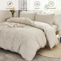 1 x RAW Customer Returns Freyamy Seersucker Bed Linen 200x220cm 3-Piece Beige Embossed Stripes Structured Bedding Sets Plain Brushed Microfiber Soft Duvet Cover with Zipper and 2 Pillowcases 80x80cm - RRP €35.11