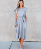 1 x RAW Customer Returns Toplop Dresses Women Long Round Neck Summer Dress Boho Office Beach Dress Belt Wrap Dress Ruffles Short Sleeve Swing Maxi Dress Business Outfit with Button and Pocket 76Gray Blue M1 - RRP €38.99