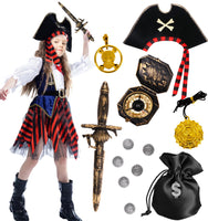 1 x RAW Customer Returns Tacobear Pirate Costume for Children Girls with Pirate Accessories Pirate Dress Hat Compass Purse Earring Pirate Carnival Fancy Dress Costume for Children Girls 4 5 6 7 8 9 10 Years 10-12 Years  - RRP €27.05