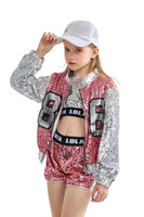 1 x RAW Customer Returns Set of 4 Girls Hip Hop Dance Costume Kids Sequins Jazz Dance Clothing Set Socks Attached 152, Pink  - RRP €42.98