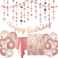 1 x RAW Customer Returns Rose gold birthday party decoration - happy birthday garland, glitter stars and circles garland, confetti balloons, rose gold latex balloon, tablecloth, glitter curtain for girls birthday decoration for women - RRP €14.11