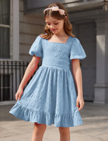 1 x RAW Customer Returns Arshiner Dresses Girls Puff Sleeve Princess Summer Dress Backless Children s Dress Solid Communion Festive Party Dress Blue 12 - RRP €31.03