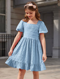 1 x RAW Customer Returns Arshiner Dresses Girls Puff Sleeve Princess Summer Dress Backless Children s Dress Solid Communion Festive Party Dress Blue 12 - RRP €31.03