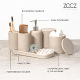 1 x RAW Customer Returns ZCCZ bathroom set 6 pieces bathroom organizer with toothbrush holder, soap dispenser, soap dish, for cosmetics and cotton swabs elegant bathroom decoration in marble look, sand-colored - RRP €41.99