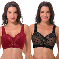 1 x RAW Customer Returns Curve Muse Women s Plus Size Minimizer Lace Full Coverage Unlined Wireless Bra-Red,Black-90D - RRP €42.84