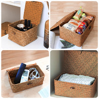 1 x RAW Customer Returns HUALIANG Wicker Basket with Lid, 3 Pieces Natural Woven Storage Basket, Multifunctional Storage Container for Toys, Cosmetics, Bathroom, Toilet Paper S M L  - RRP €33.99