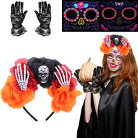 18 x Brand New Lets Joy Halloween Day of the Dead Headband, Headband Rose Headband, Day of the Dead Veil Halloween, Skull Headband Rose Headband, Lace Gloves Halloween Temporary Face Tattoos - RRP €143.82