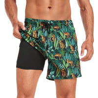 1 x Brand New Yaavii men s swimming trunks with compression swimming shorts 2 in 1 quick-drying print surfing beach trousers men with zip pockets green leopard XL - RRP €18.14