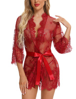 1 x Brand New BESDEL Women s Lace Kimono with Eyelashes Babydoll Lingerie Long Sleeve Mesh Nightgown with Thong Wine Red L - RRP €24.0