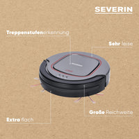 1 x RAW Customer Returns SEVERIN Chill RB 7025 Automatic robot vacuum cleaner with 90 minute autonomy, Robot vacuum cleaner for floors with step sensor, Robot vacuum cleaner for carpets, grey black red - RRP €107.07