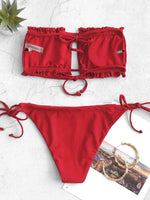 1 x RAW Customer Returns ZAFUL Women s Bikini Set, Off Shoulder Bandeau with Drawstring Ruffles High Cut Solid Color Swimwear Lava Red, M  - RRP €36.29