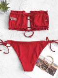 1 x RAW Customer Returns ZAFUL Women s Bikini Set, Off Shoulder Bandeau with Drawstring Ruffles High Cut Solid Color Swimwear Lava Red, M  - RRP €36.29