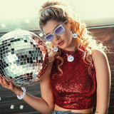 1 x RAW Customer Returns Pack of 5 disco ball mirror ball party earrings necklace set, metallic disco ball white necklace bracelet women s glitter hair bands sequins headband diamond sunglasses - RRP €14.11