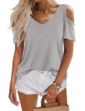 1 x RAW Customer Returns Beluring Women s Tops V Neck Short Sleeve Summer Off Shoulder Tunic T-Shirt Grey M - RRP €23.99