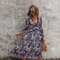 1 x RAW Customer Returns ZIYYOOHY Women s Long Dress Chiffon Ruffles with Deep V-Neck Floral Print Summer Dress Cocktail Dress Party Dress Maxi Dress Beach Dress Blouse Dress Long Sleeve 3055-Navy Blue, XL  - RRP €30.24