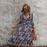 1 x RAW Customer Returns ZIYYOOHY Women s Long Dress Chiffon Ruffles with Deep V-Neck Floral Print Summer Dress Cocktail Dress Party Dress Maxi Dress Beach Dress Blouse Dress Long Sleeve 3055-Navy Blue, XL  - RRP €30.24