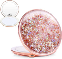 1 x RAW Customer Returns B Beauty Planet Travel Lighted Makeup Mirror, 25x 1x Magnification, Compact Rechargeable, 5 Liquid Bling Quicksand Portable Folding Mirror with Lights - RRP €29.99