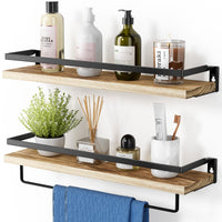 2 x RAW Customer Returns AMADA HOMEFURNISHING wooden wall shelf 42cm, shelf with towel holder, floating shelf set of 2, rustic wall shelf for bathroom, bedroom, living room, kitchen, home office, laundry room - RRP €37.92