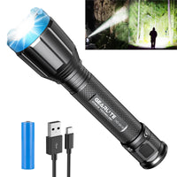 1 x RAW Customer Returns GEARLITE Hybrid Flashlight LED Rechargeable, Long Working Time LED Flashlight 100000 Lumen with Rechargeable Battery, IP65 Waterproof Handheld Lamp Zoomable with 4 Modes for Camping Emergency Outdoor - RRP €33.85