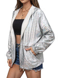 1 x RAW Customer Returns EZKOL Women Holographic Glitter Jacket Jacket Long Sleeve Hooded Zipper Techno Metallic Reflective Jacket for Party Carnival Festival 1-Silver XXL - RRP €24.0