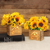 1 x RAW Customer Returns AceList 2 pieces sunflower artificial plant, real artificial flowers with LED lights in a wooden box, artificial plants flower decoration in a pot, for bedroom living room table decoration, in yellow - RRP €28.72