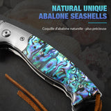 1 x RAW Customer Returns DRAGON VEIN Large and heavy Damascus pocket knife Damascus steel Abalone shell handle with genuine leather sheath Damascus knife folding knife one-hand knife gift for men, blue - RRP €69.99