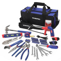 1 x RAW Customer Returns WORKPRO universal household tool set 156 pieces including tool bag with wide opening for home repairs and DIY, with pliers, keys, bits, spirit level, knife, tape measure, hammer, etc. - RRP €59.05