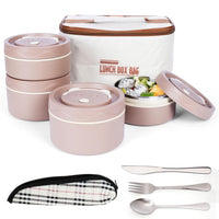 1 x RAW Customer Returns BELLE VOUS 5-Piece Portable Insulated Lunch Box Set with Cutlery - 4 Stainless Steel Thermal Food Containers - Stackable and Leakproof - Thermal Lunch Box for Adults - Brown - RRP €32.99