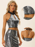 1 x Brand New Allegra K Women s Shiny Metallic Crop Top Halter Neck Party Holographic Nightclub Silver Black XL - RRP €27.6