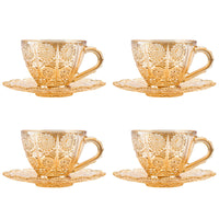 1 x RAW Customer Returns Linkidea Glass Tea Cups Set of 4 with Saucers, 6oz Vintage Coffee Cup Glassware Set with Floral Embossed and Saucers for Adults Tea Party Family Friends Amber  - RRP €45.25